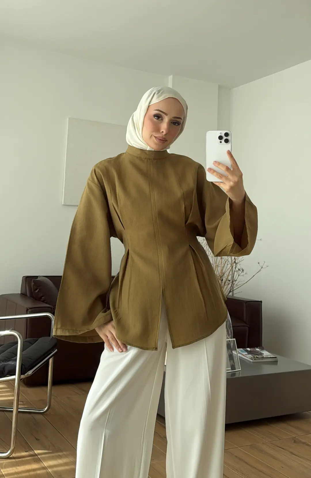 Pileli Modal Bluz Olive