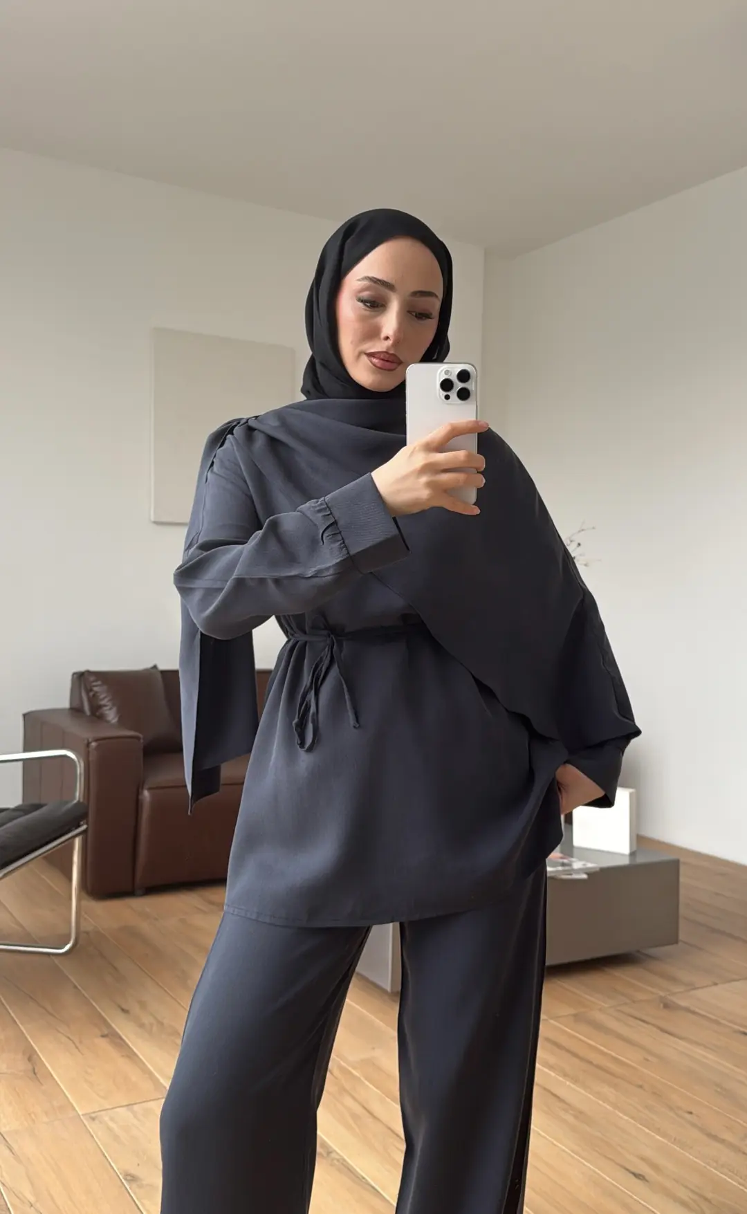 Drape Yaka Bluz Takım Petrol
