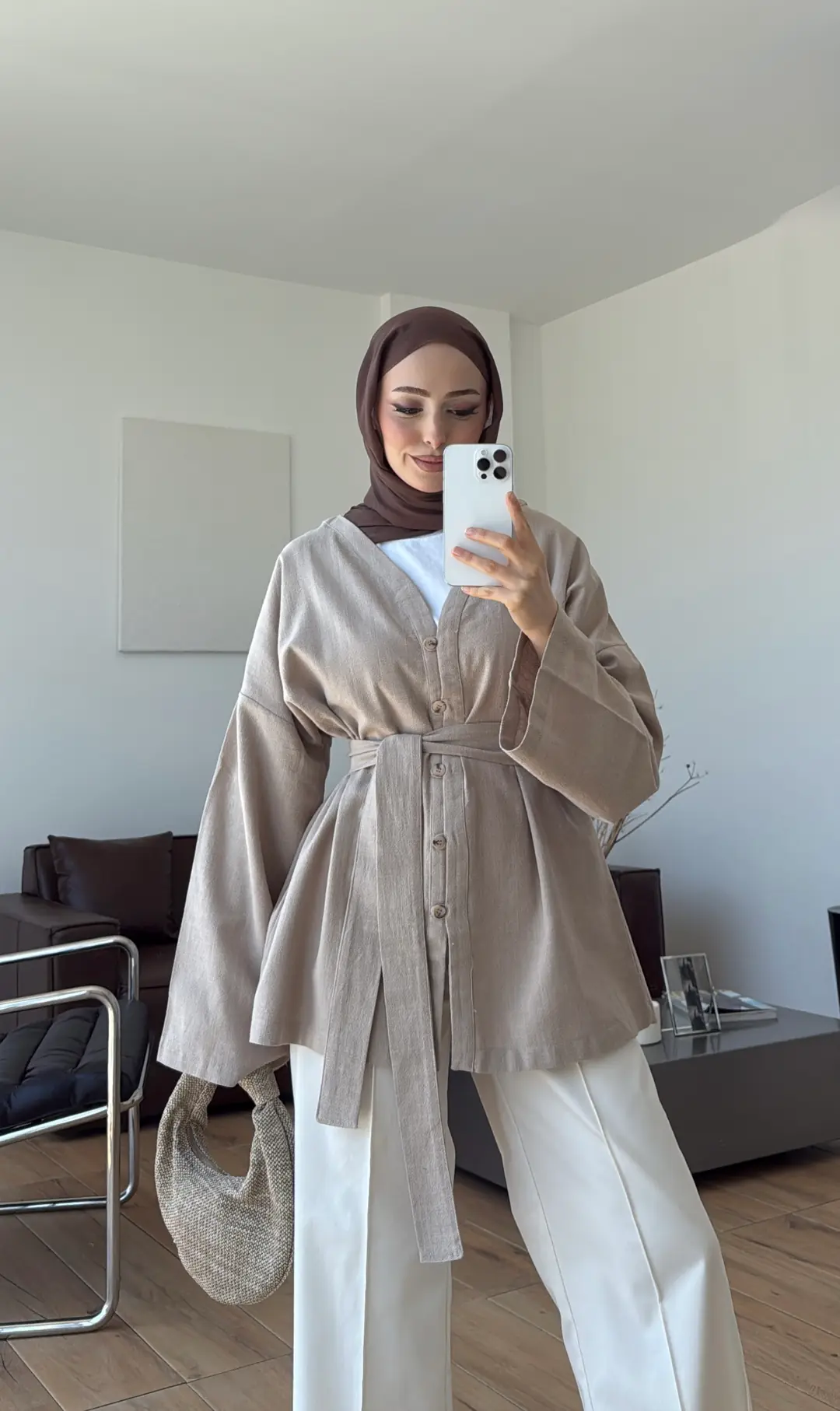 Linen Kuşaklı Kimono Bej