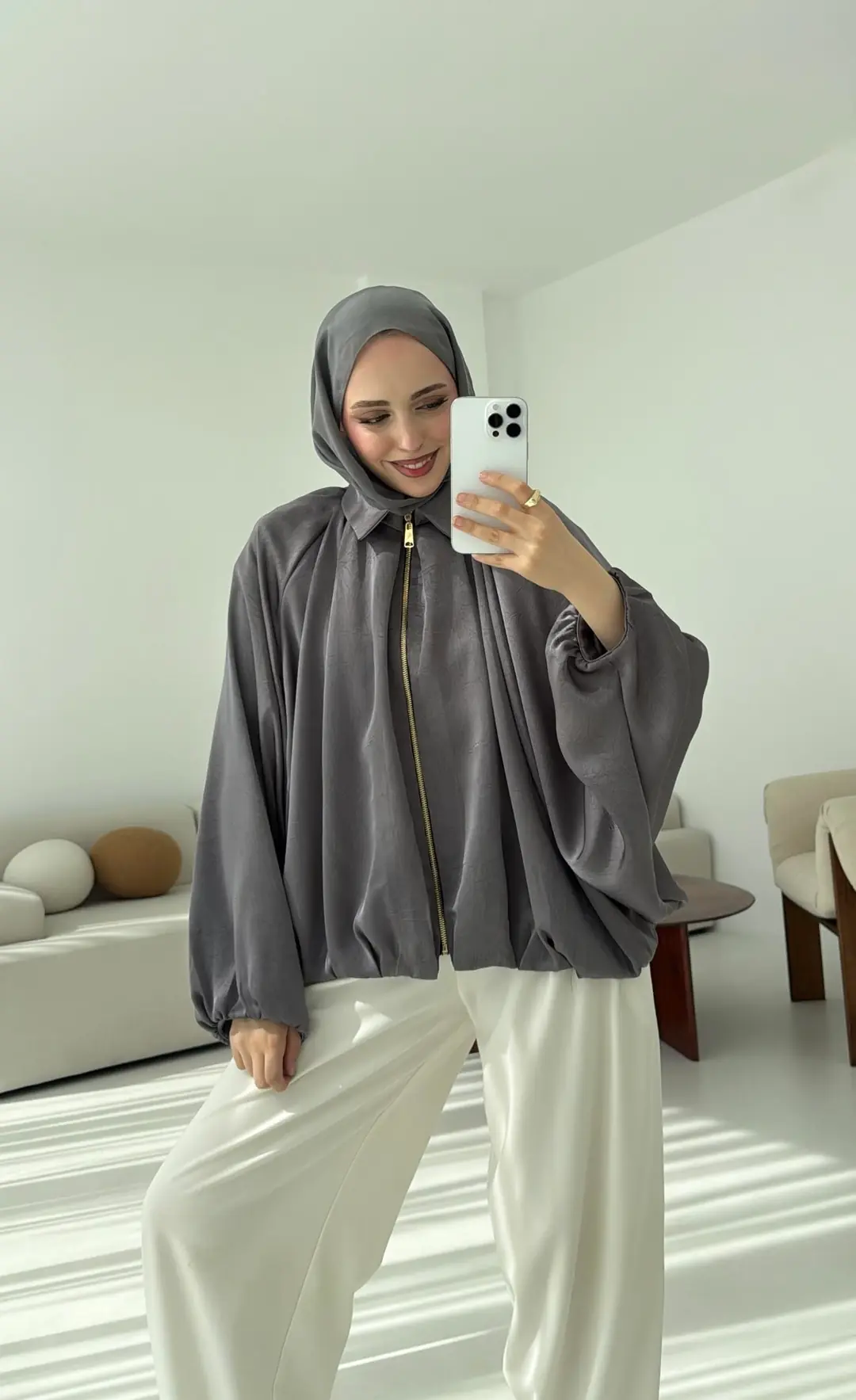 Bomber Saten Ceket Gri