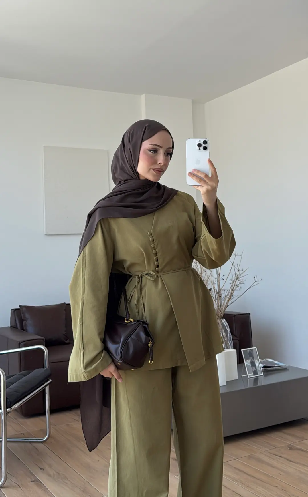 Sık Düğmeli Keten Takım Olive