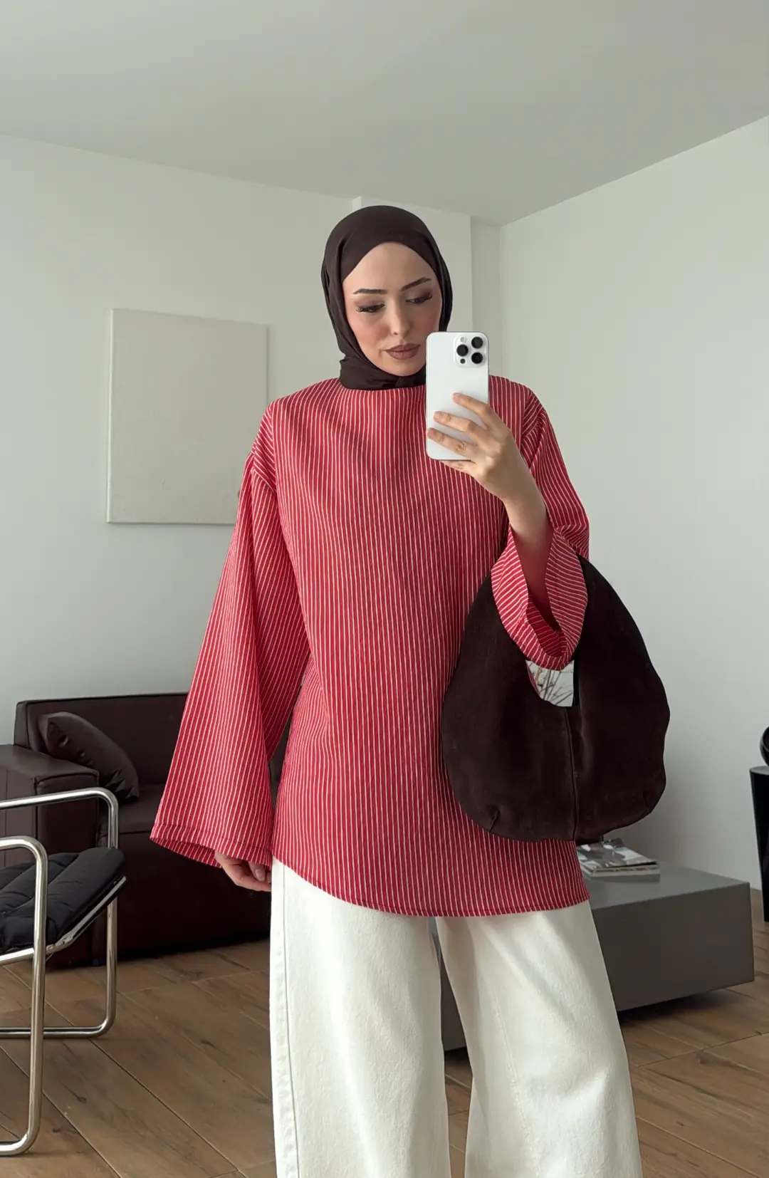 Çizgili Arkadan Bagcıklı Tunik Kırmızı