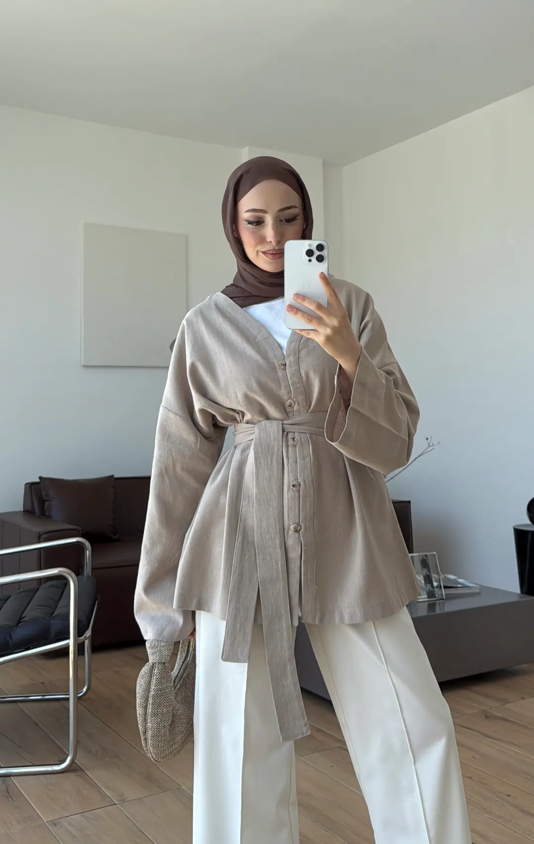 Linen Kuşaklı Kimono Bej