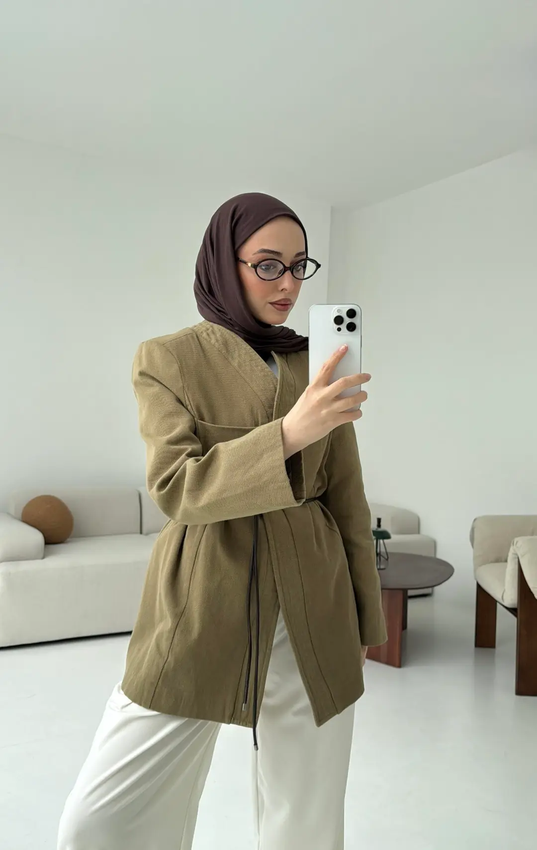 Gabardin Kemerli Ceket Haki