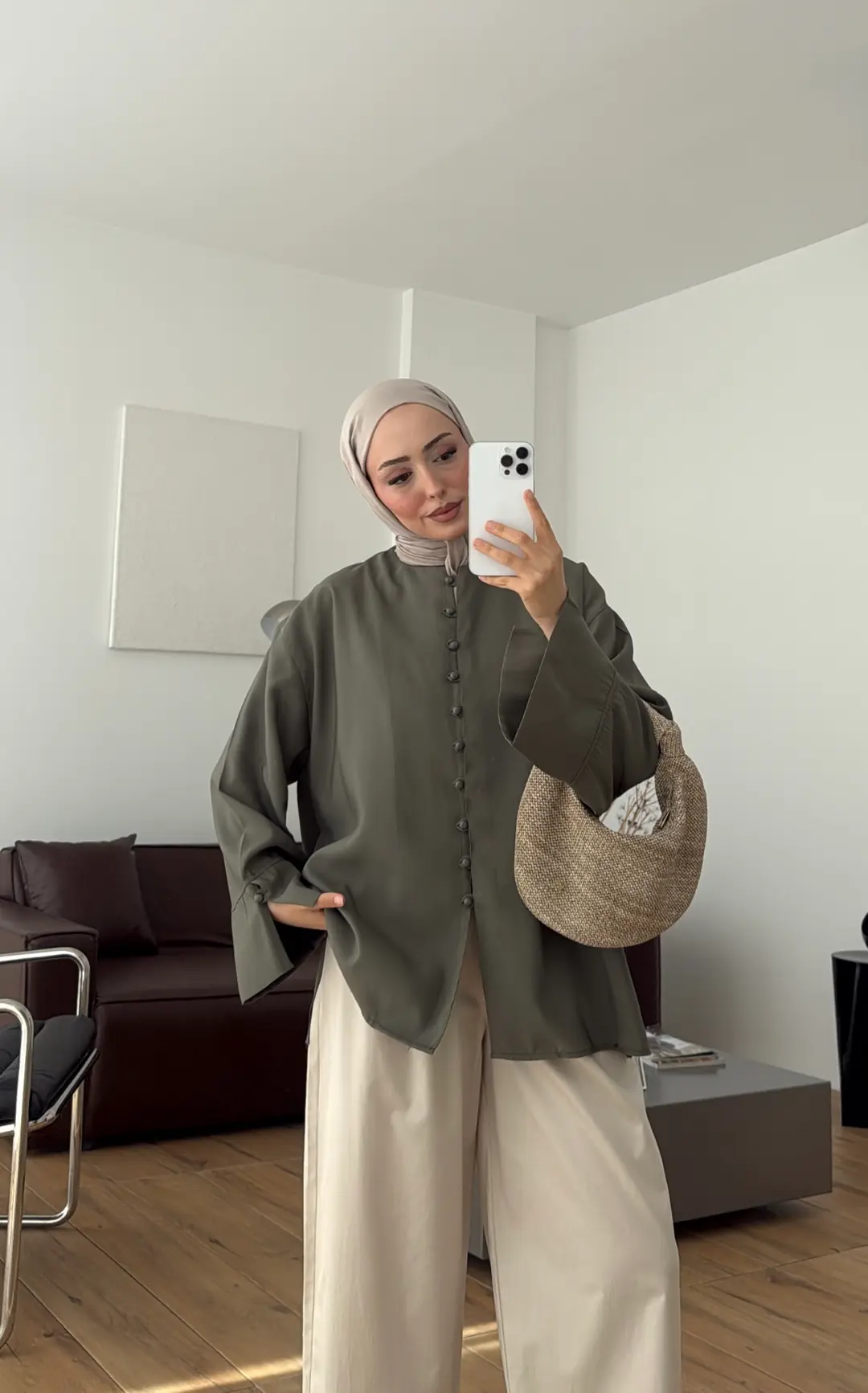 Top Düğmeli Modal Bluz Haki