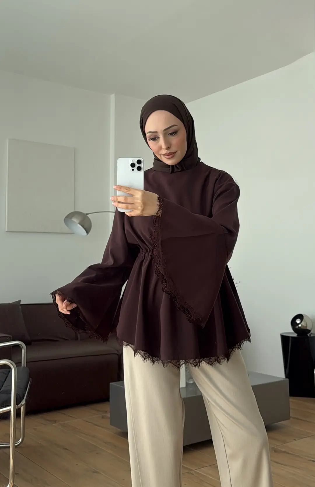 Lace Bel Detay Tunik Kahve
