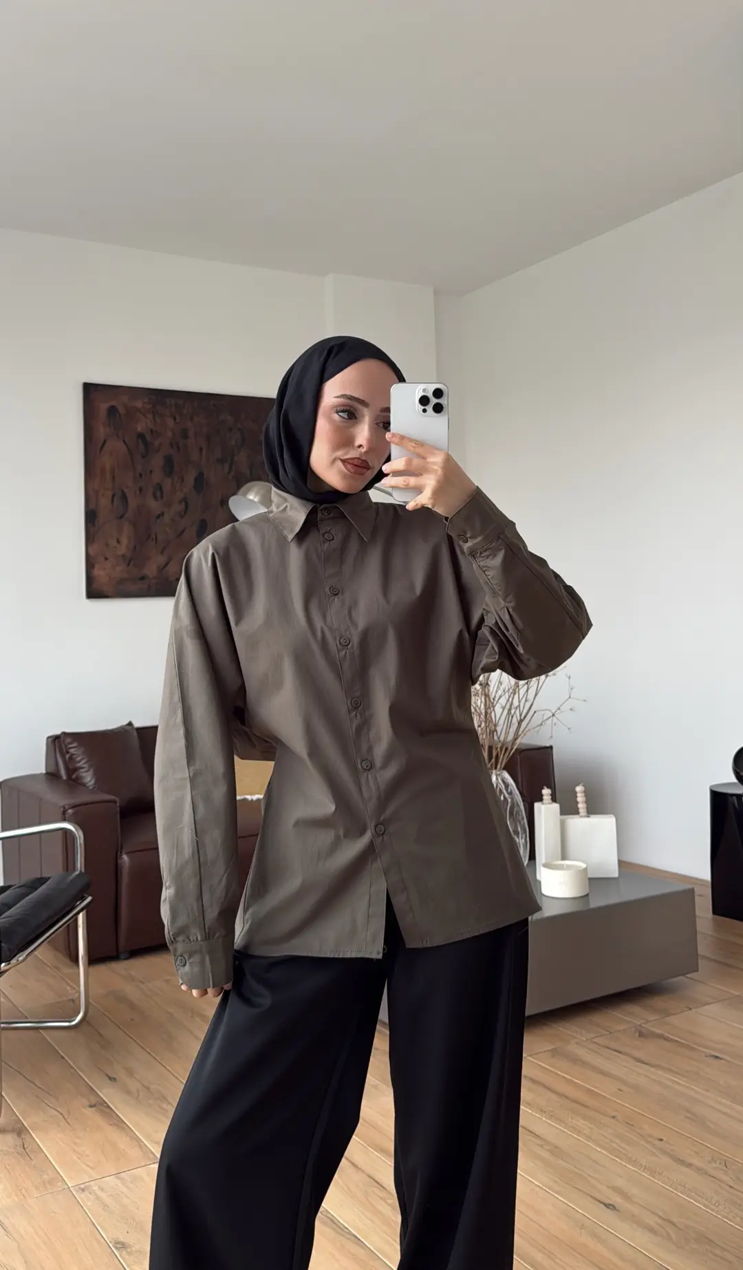 Likralı Reglan Kol Gömlek Haki