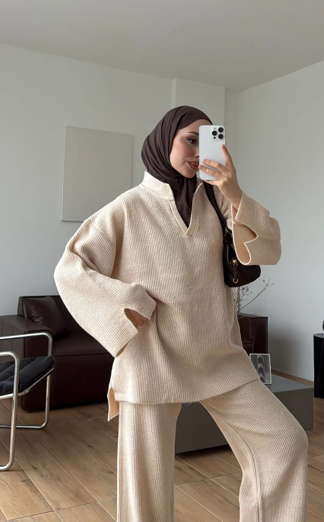 Polo Yaka Tok Kumaş Triko Takım Bej