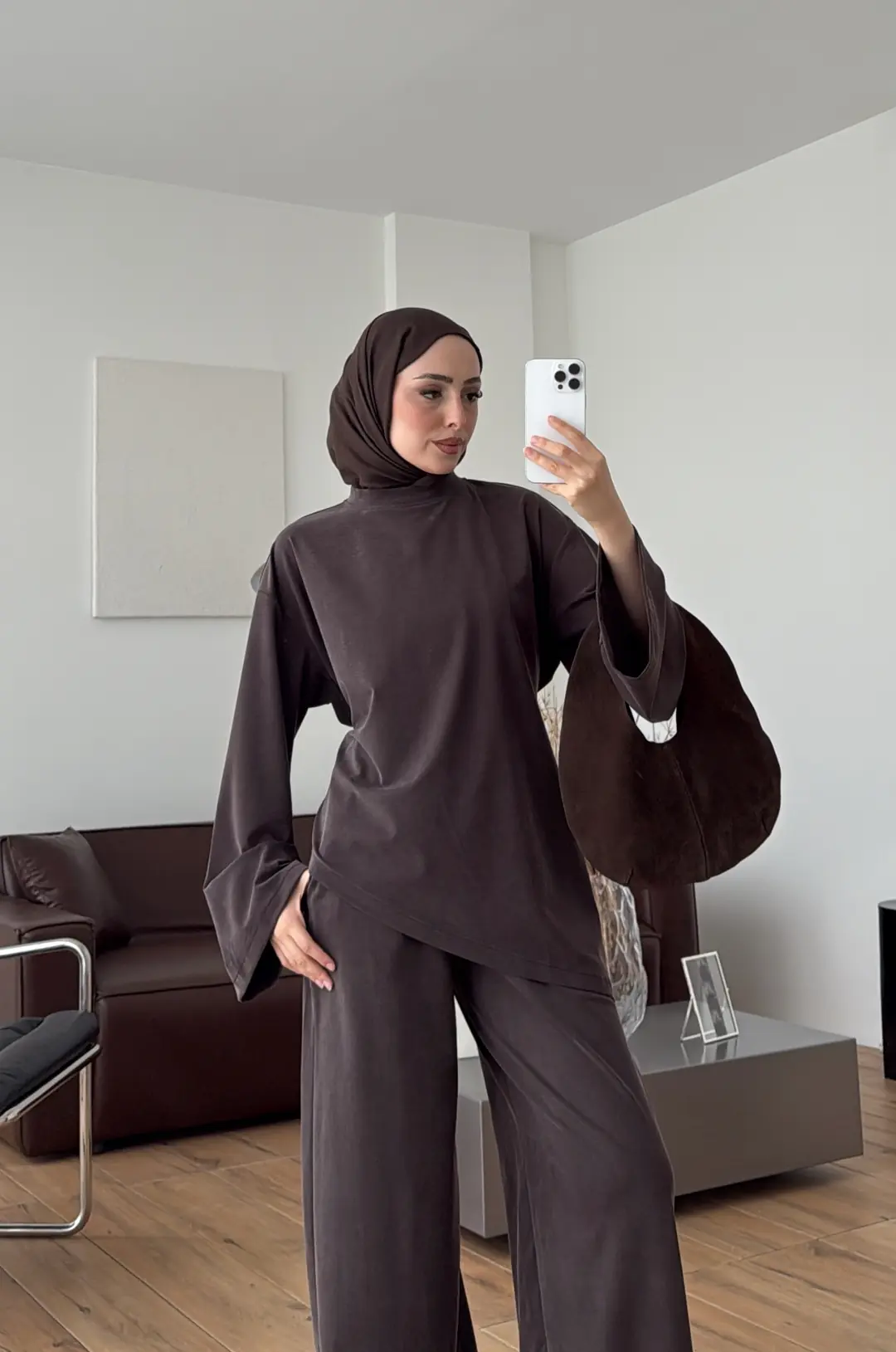 Asimetrik Bluzlu Yıkamalı Takım Kahve