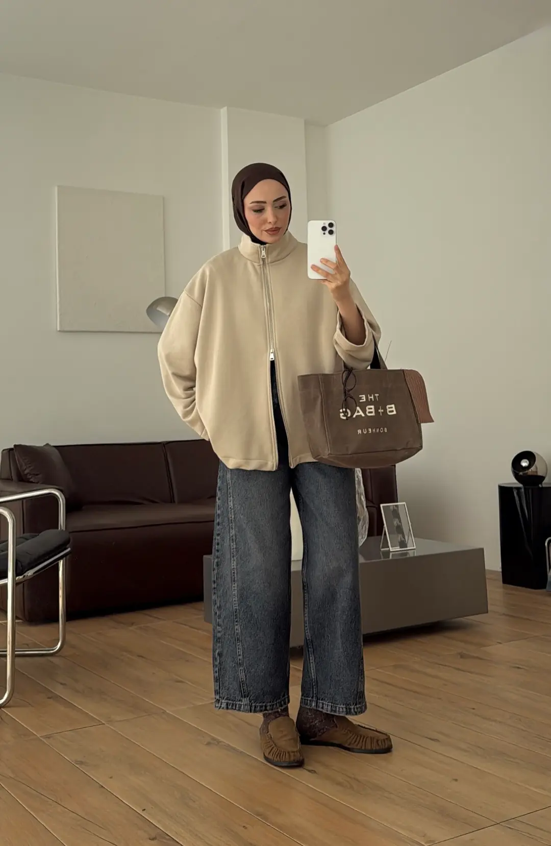 Çift Fermuarlı Sweat Bej