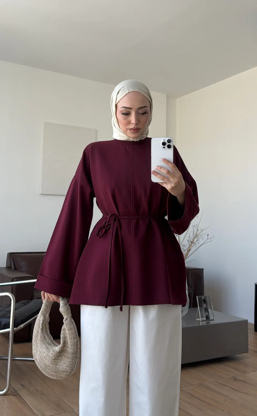 Bağlamalı Yanı Yırtmaç Detay Sweatshırt Bordo