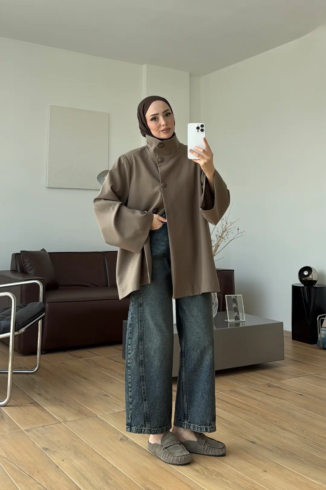Geniş Kol Kuşaklı Ceket Vizon