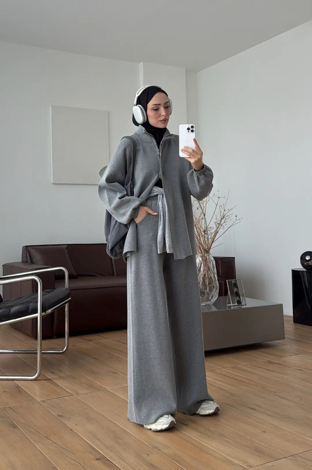 Çift Fermuarlı Tok Kumaş Triko Takım Gri