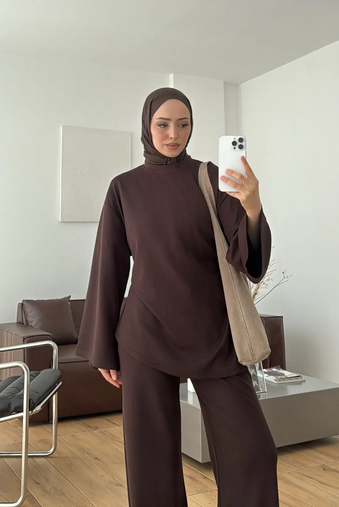 Biye Bağcıklı Tunikli Takım Kahve