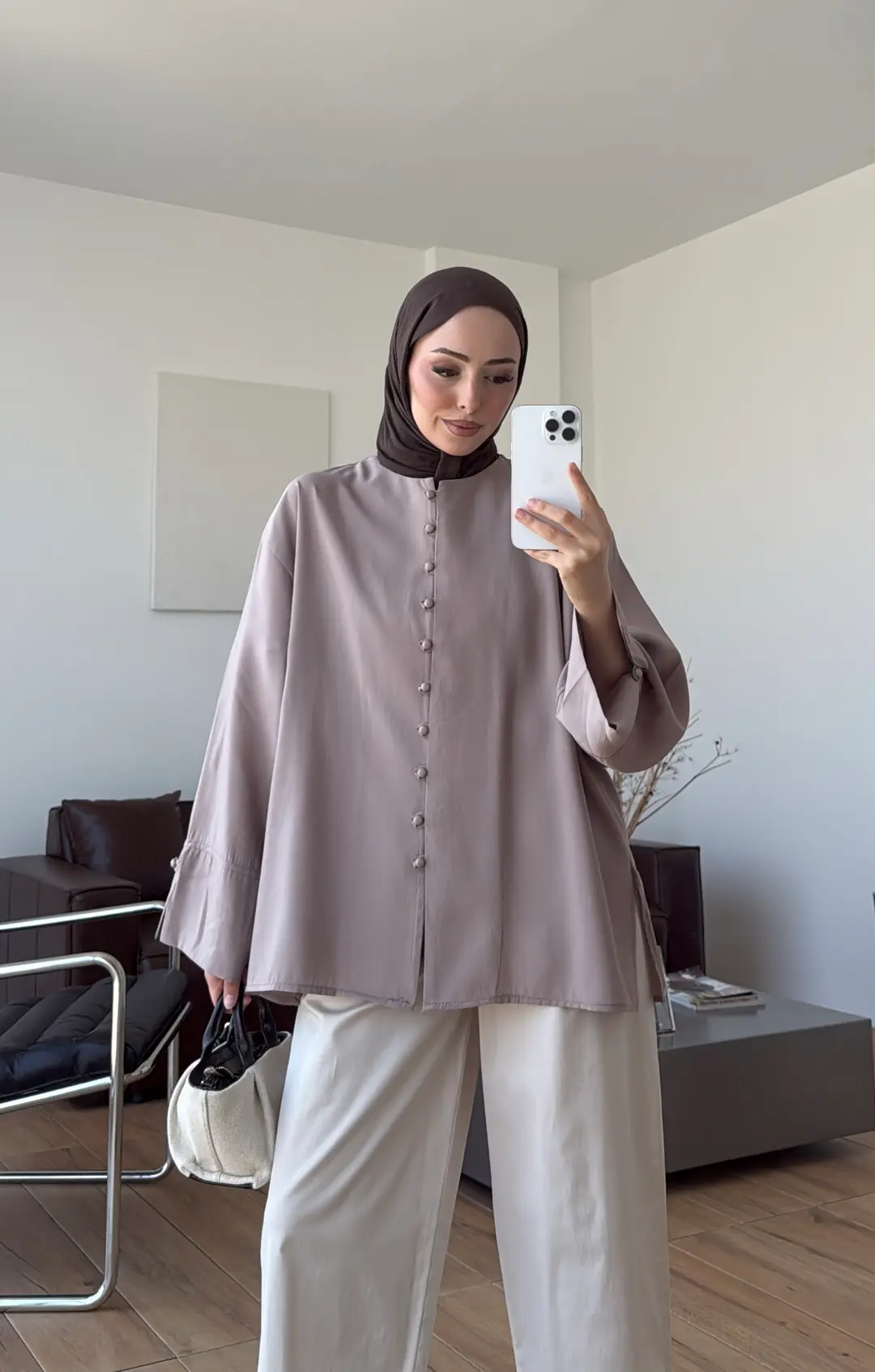 Top Düğmeli Modal Bluz Vizon
