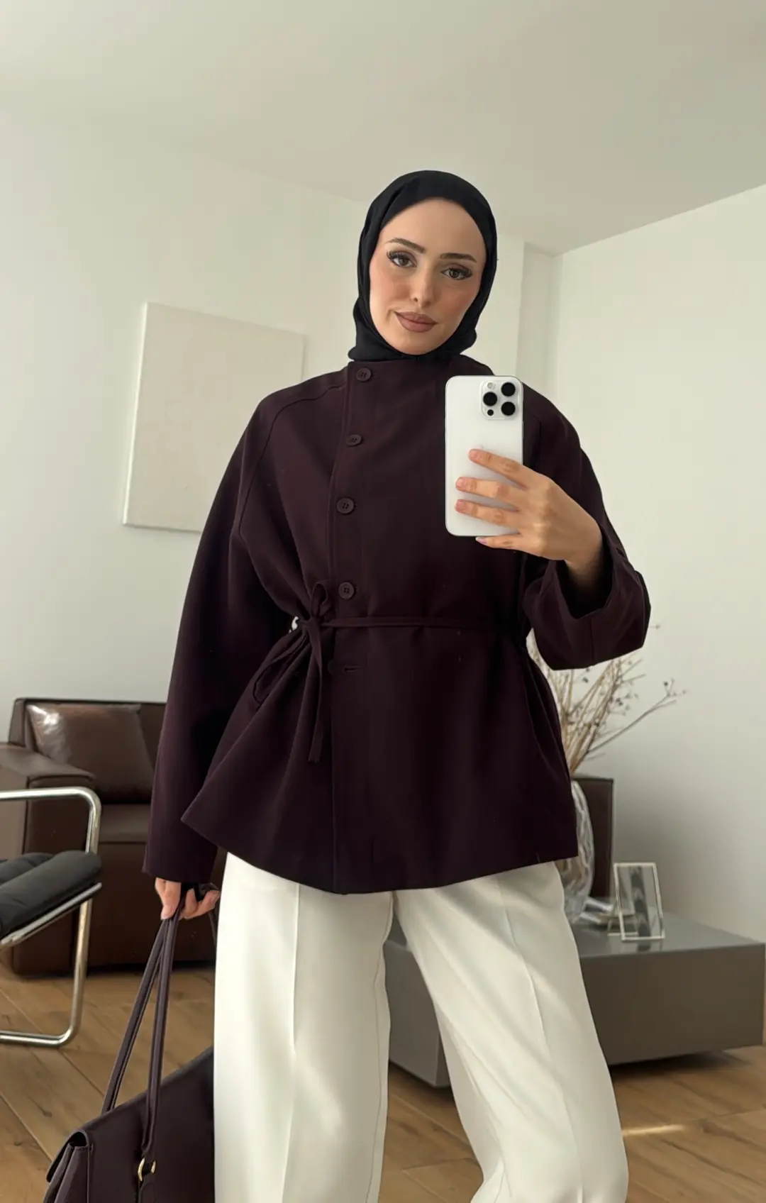 Bağcıklı Dik Yaka Ceket Mürdüm