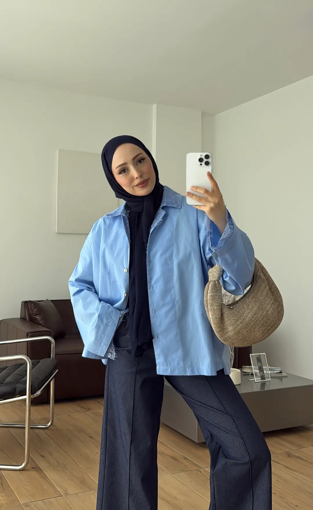 Dantelli Boxfit Gömlek Mavi