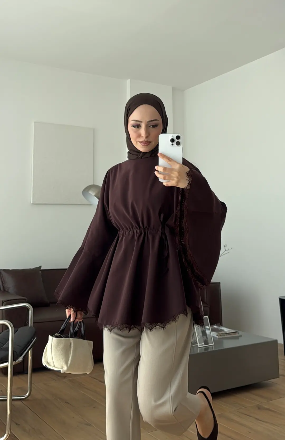 Lace Bel Detay Tunik Kahve