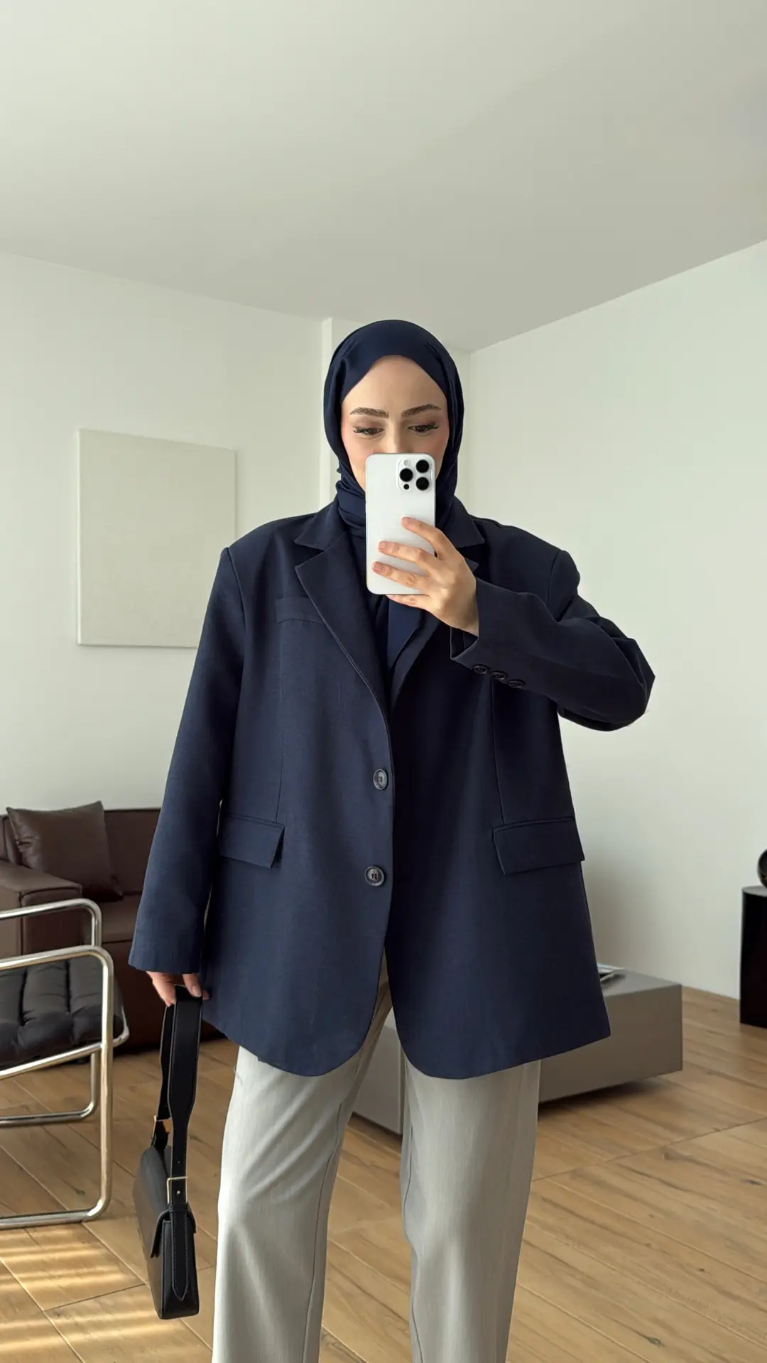 Oversize Keten Ceket Lacivert 