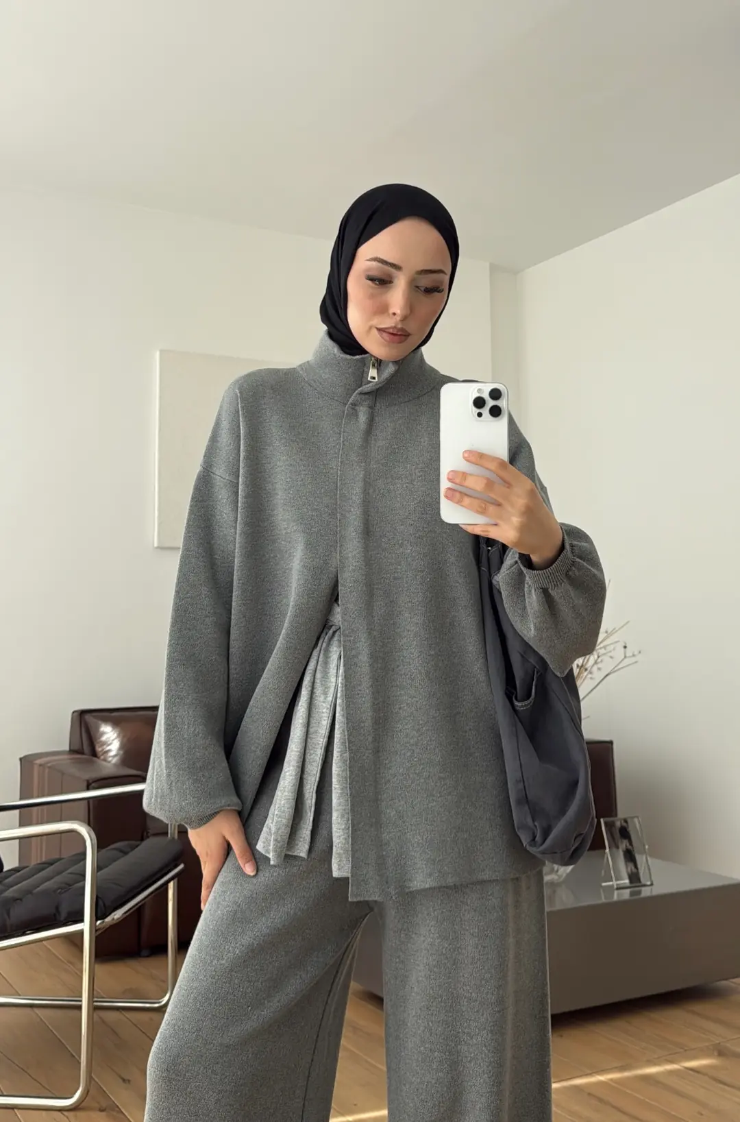 Çift Fermuarlı Tok Kumaş Triko Takım Gri