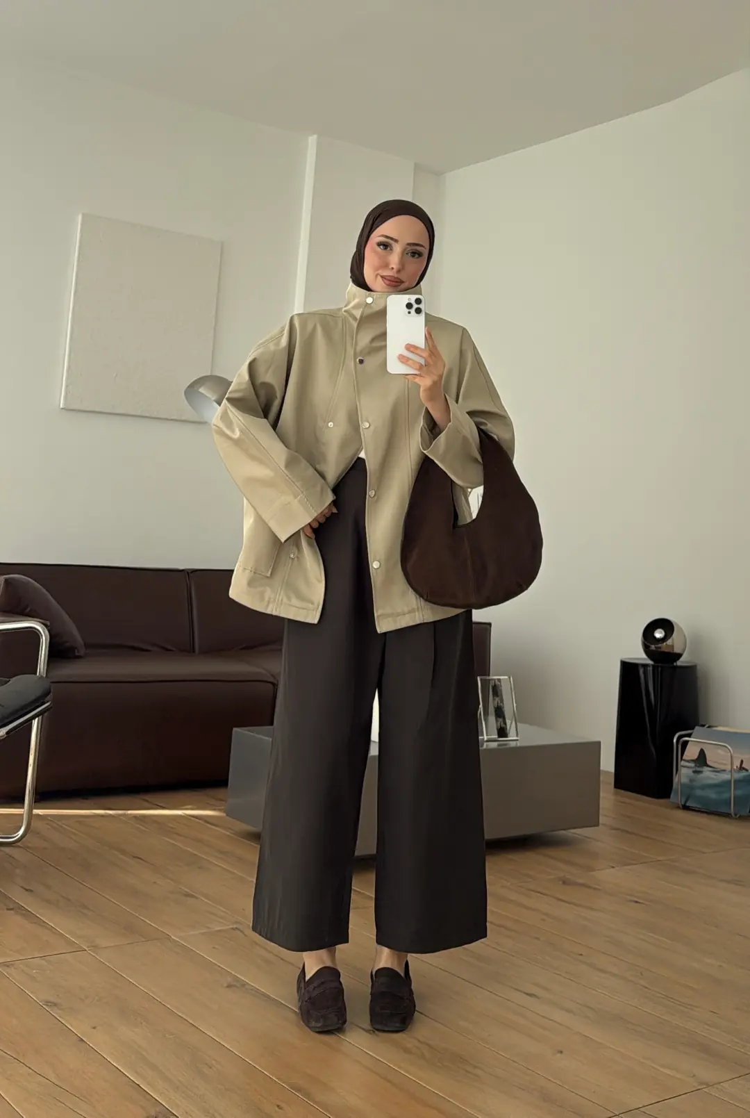 Çıtçıtlı Cep Detay Trenç Koyu Bej