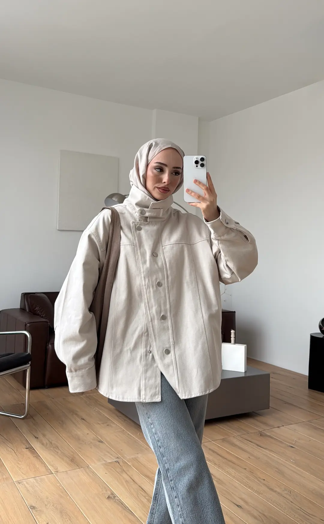 Dik Yaka Çıtçıtlı Gabardin Ceket Taş