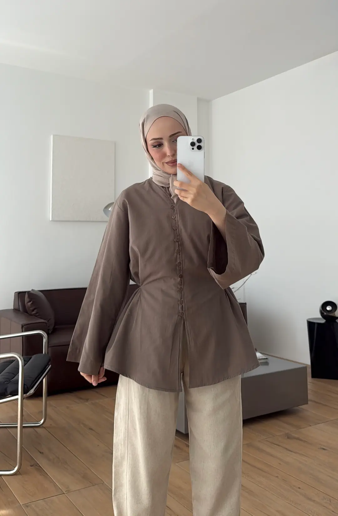 Vual Düğmeli Gömlek Vizon