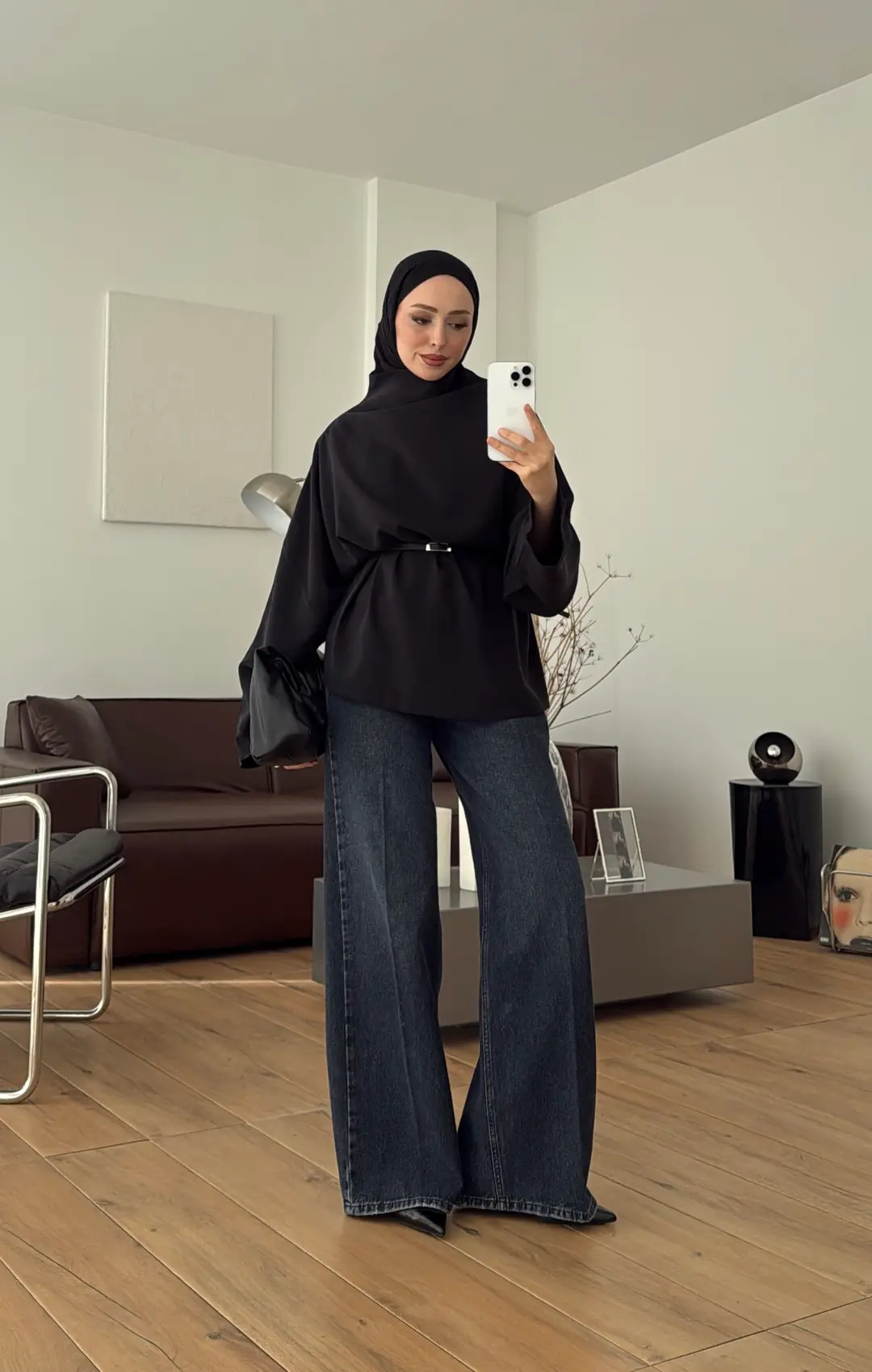 Kemerli Degaje Yaka Modal Bluz Siyah
