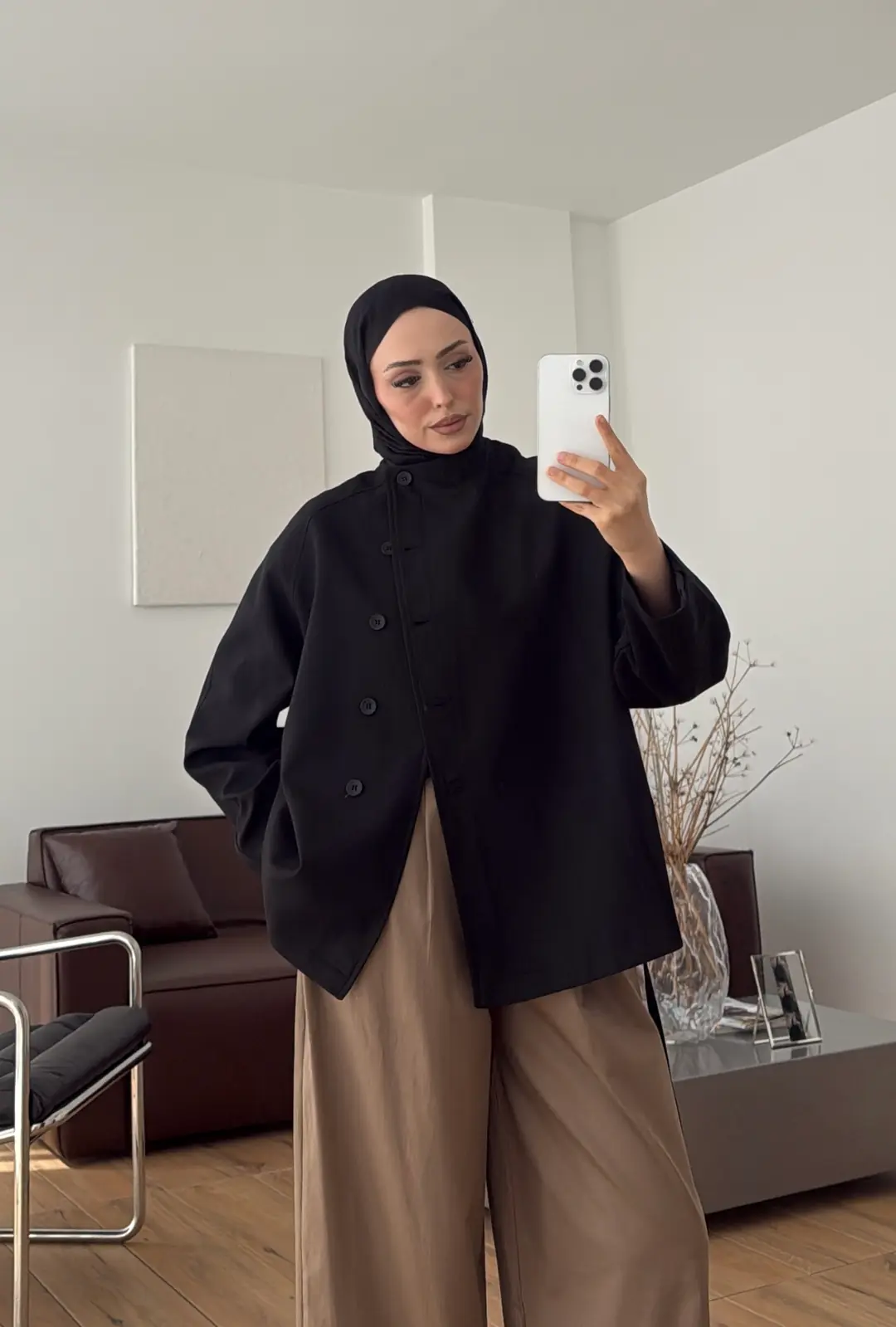 Bağcıklı Dik Yaka Ceket Siyah