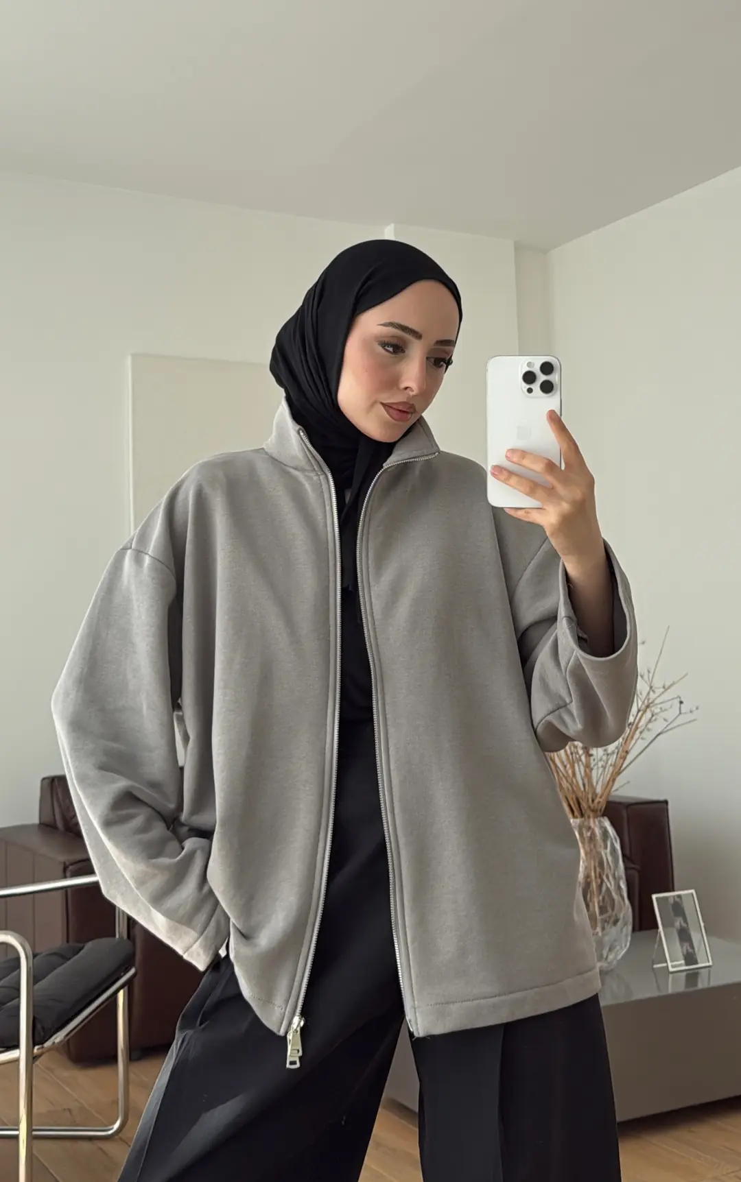 Çift Fermuarlı Sweat Gri