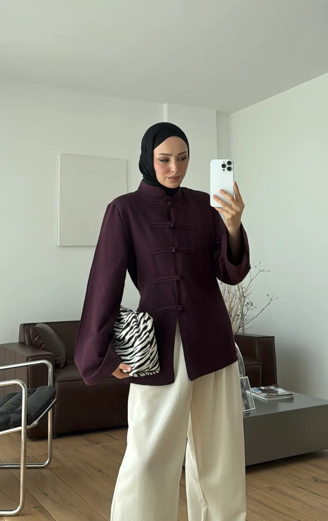 Süslü Düğmeli Keten Bluz Bordo
