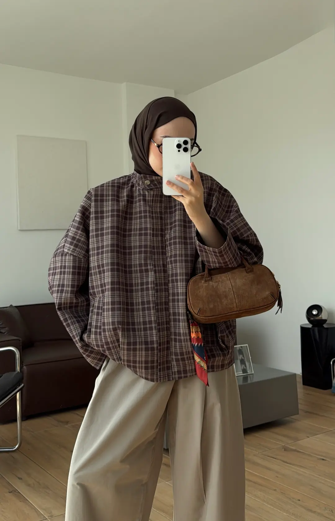 Ekose Pile Detay Bomber Ceket Kahve