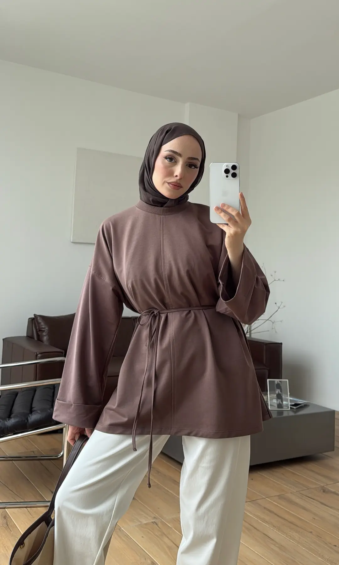 Bağlamalı Yanı Yırtmaç Detay Sweat Sütlü Kahve