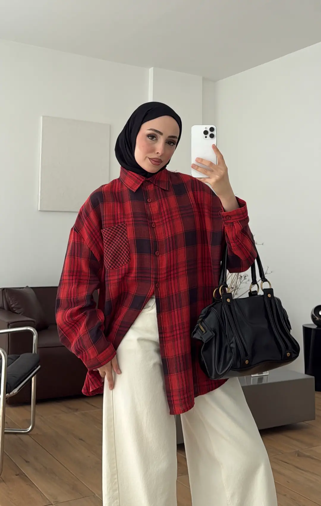 Ekose Oversize Gömlek Kırmızı