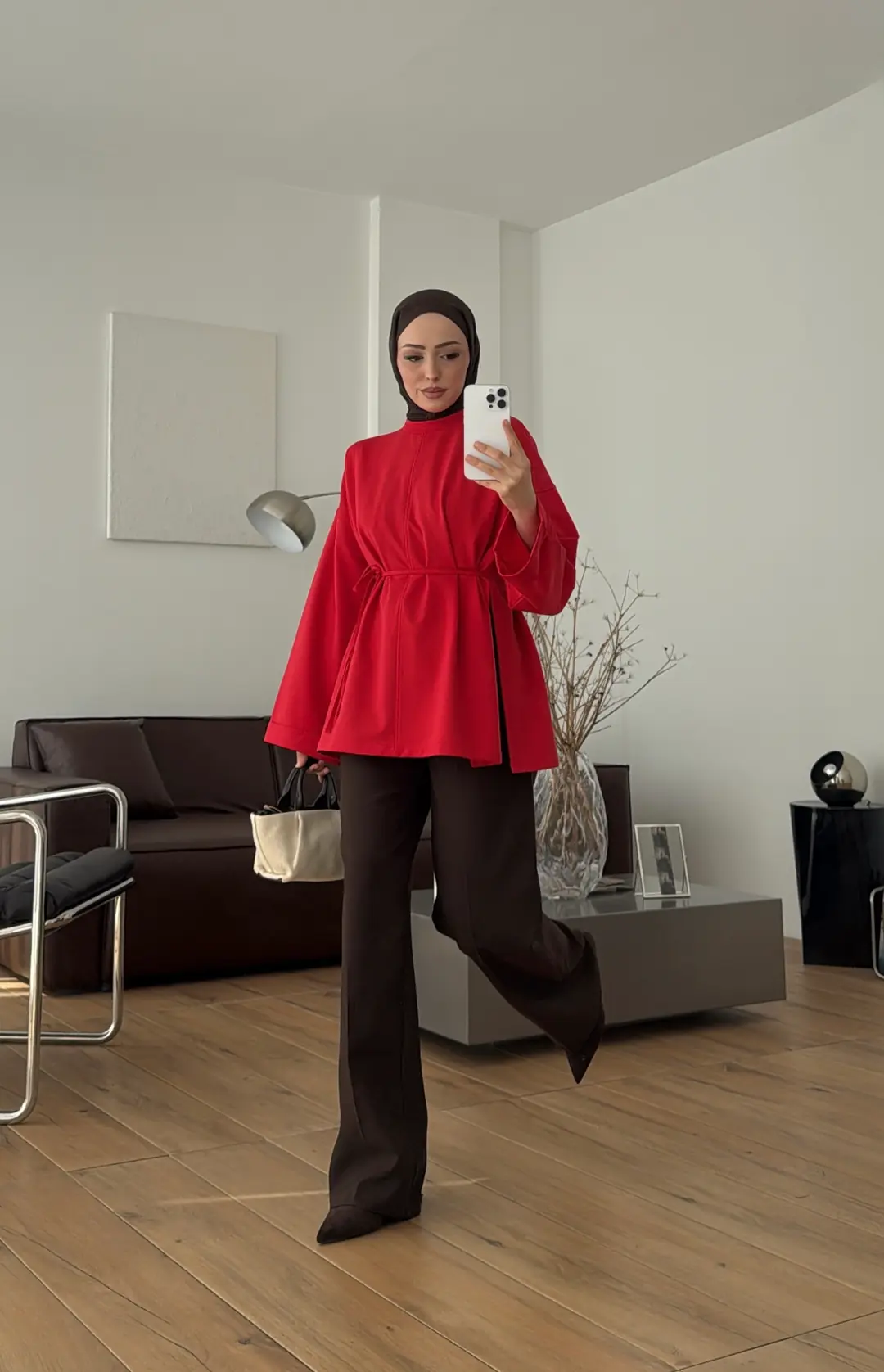 Bağlamalı Yanı Yırtmaç Detay Sweatshırt Kırmızı