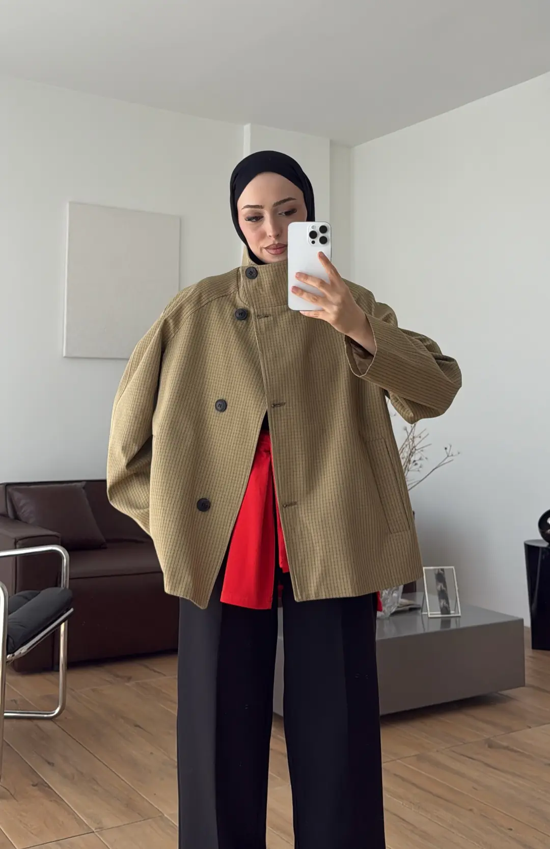 Ekose Düğme Detay Trenc Hardal