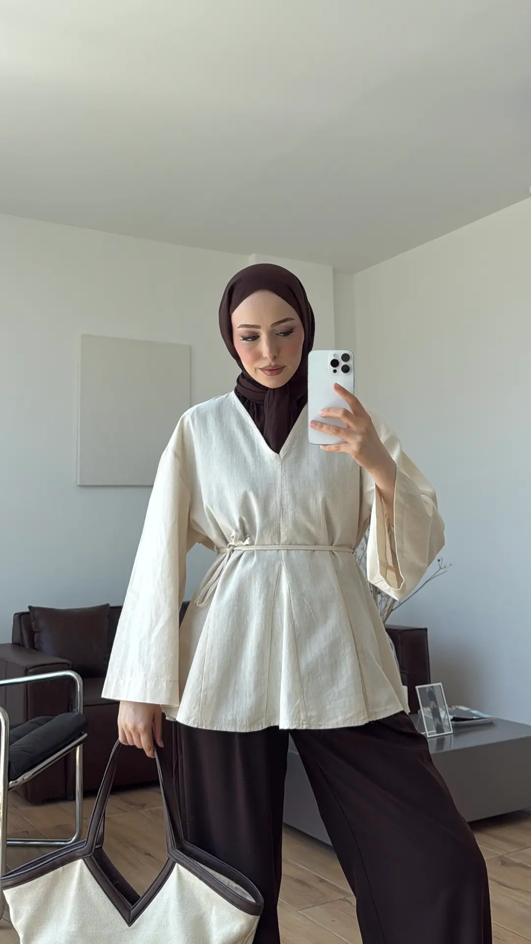 Volanlı Belden İpli Tunik Naturel
