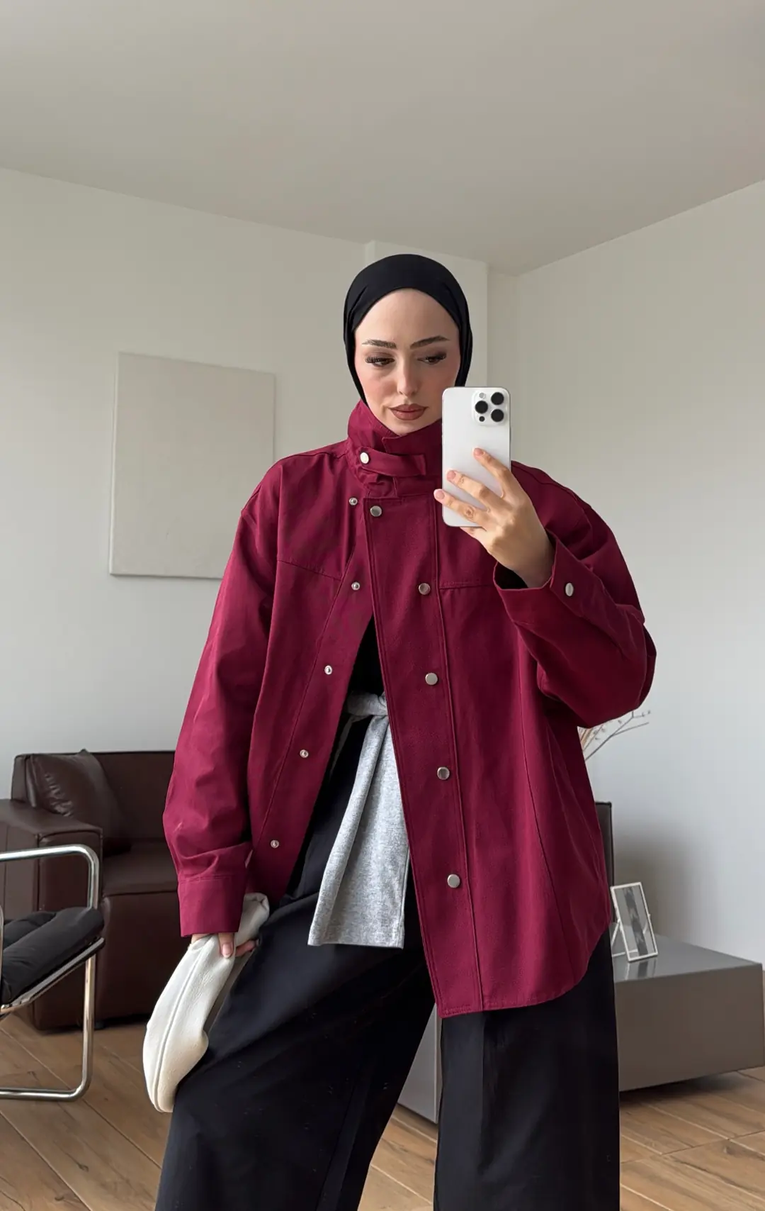 Çırçıtlı Dik Yaka Gabardin Ceket Bordo