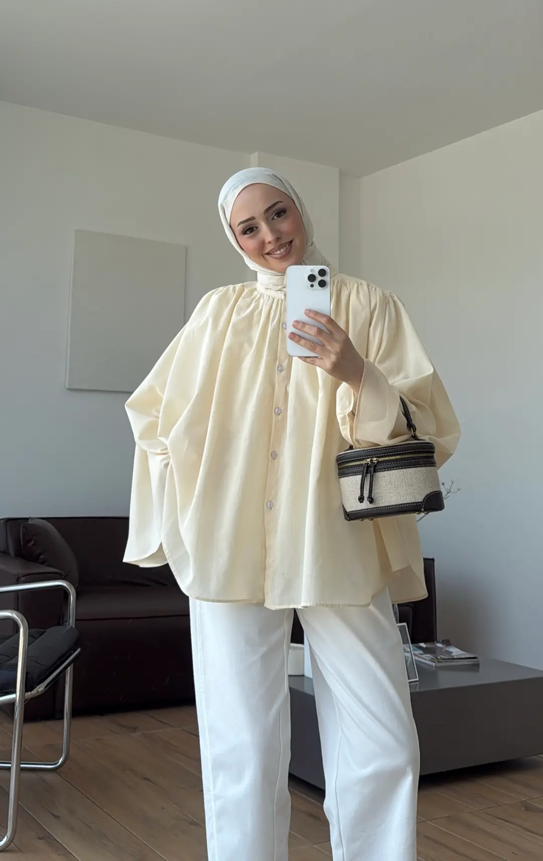 Geniş Kol Dökümlü Vual Gömlek Krem