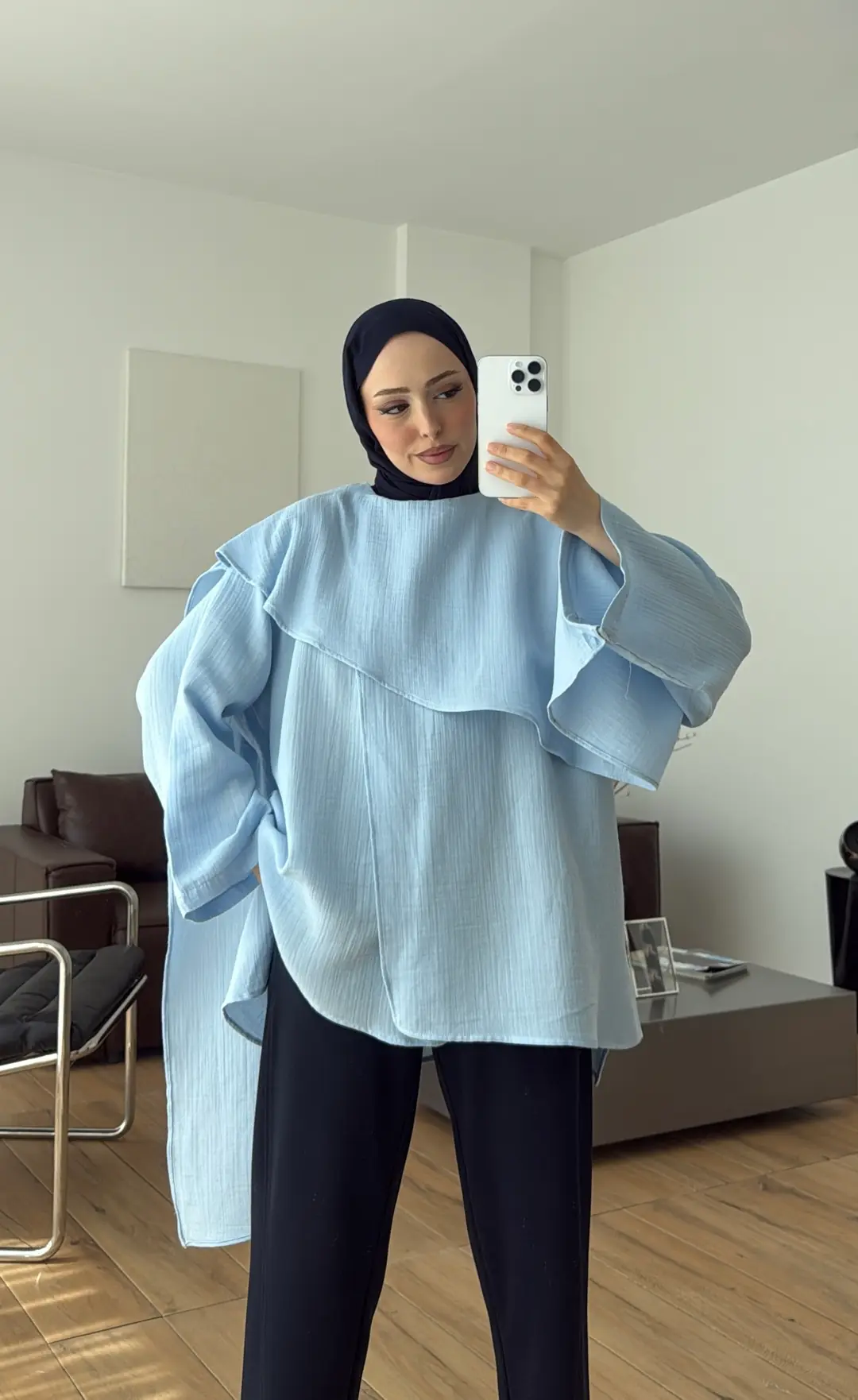 Şal Detaylı Müslin Bluz Mavi