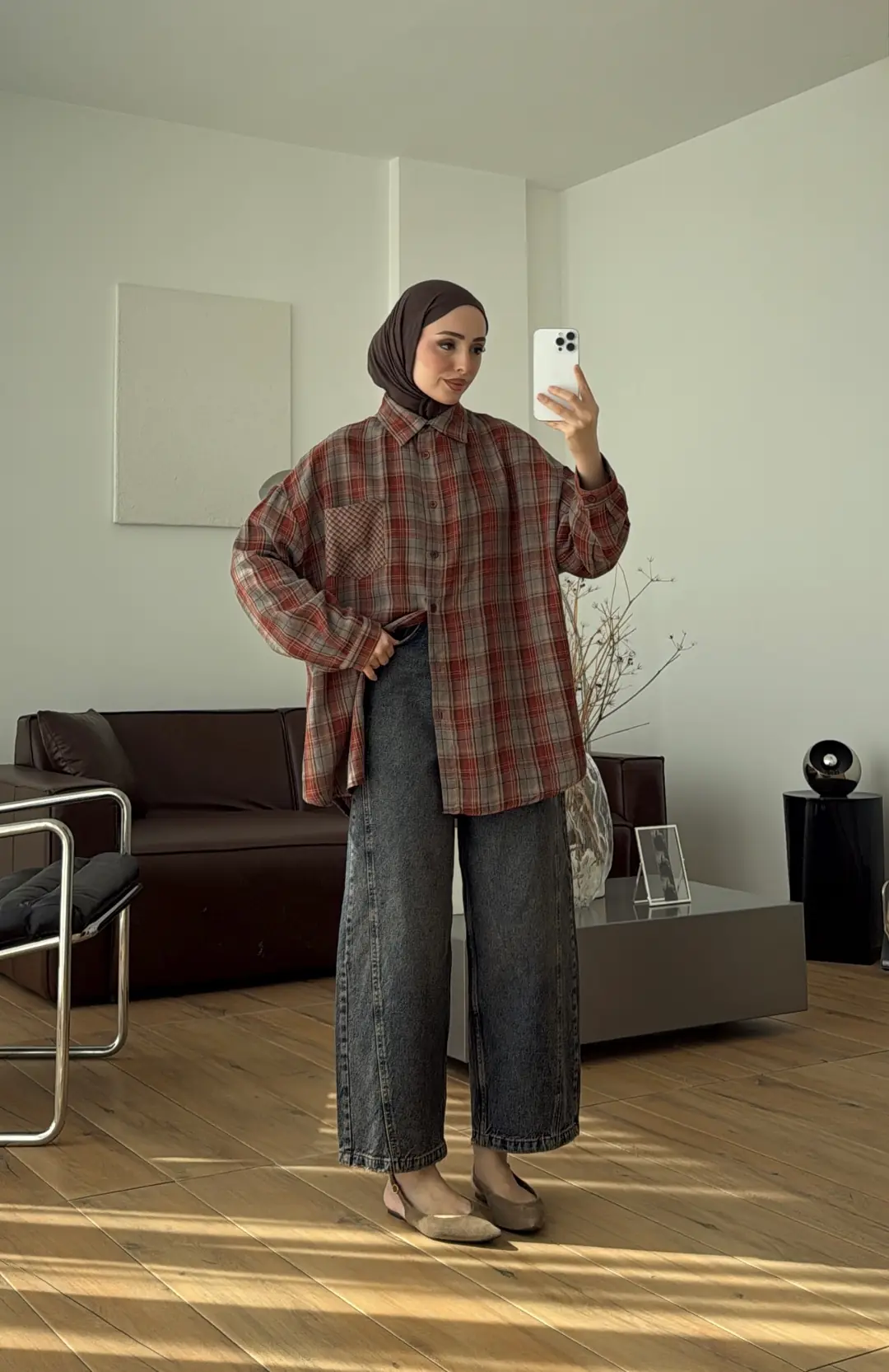 Ekose Oversize Gömlek Kiremit