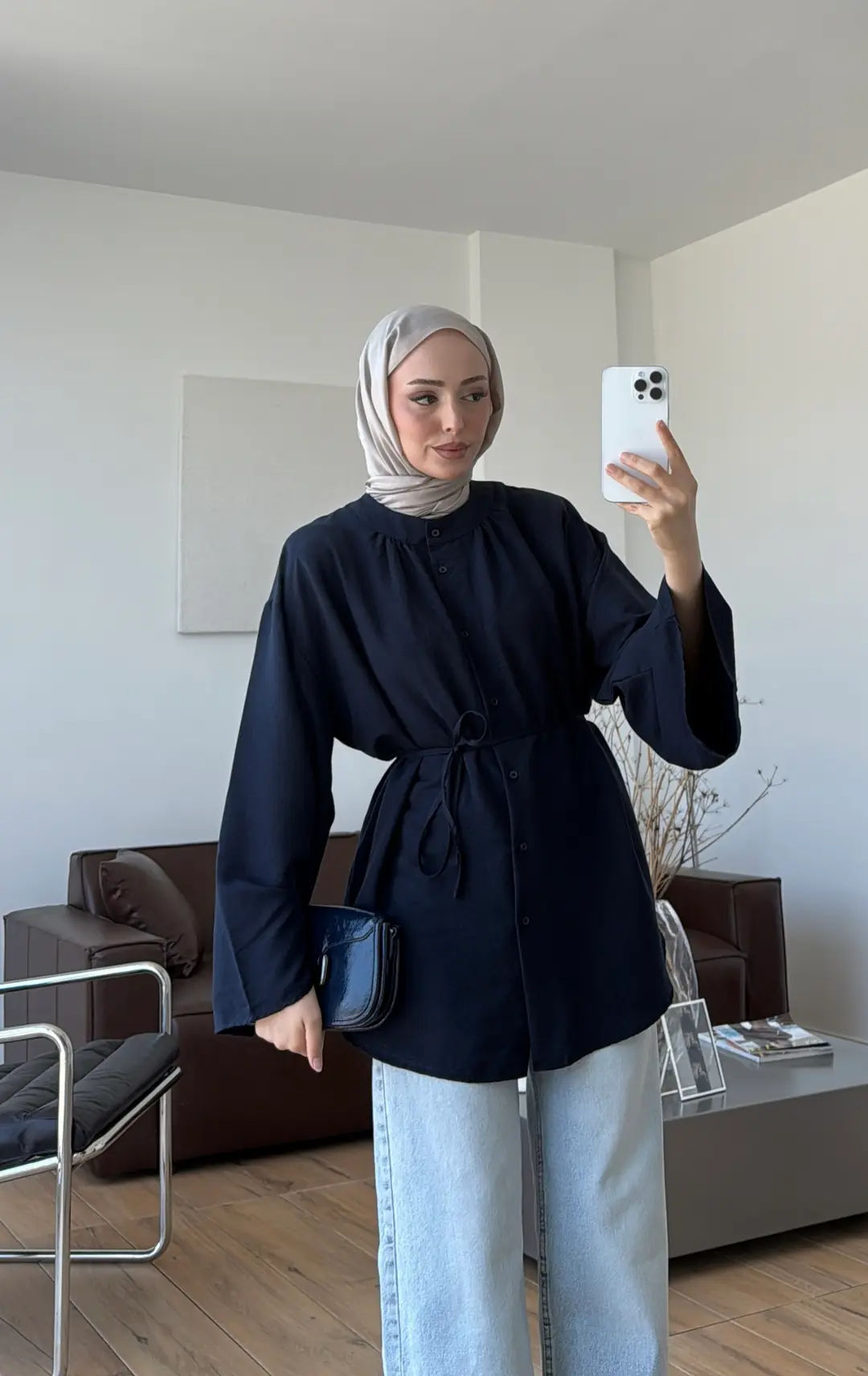 Büzgülü Bel Bağlamalı Gömlek Lacivert