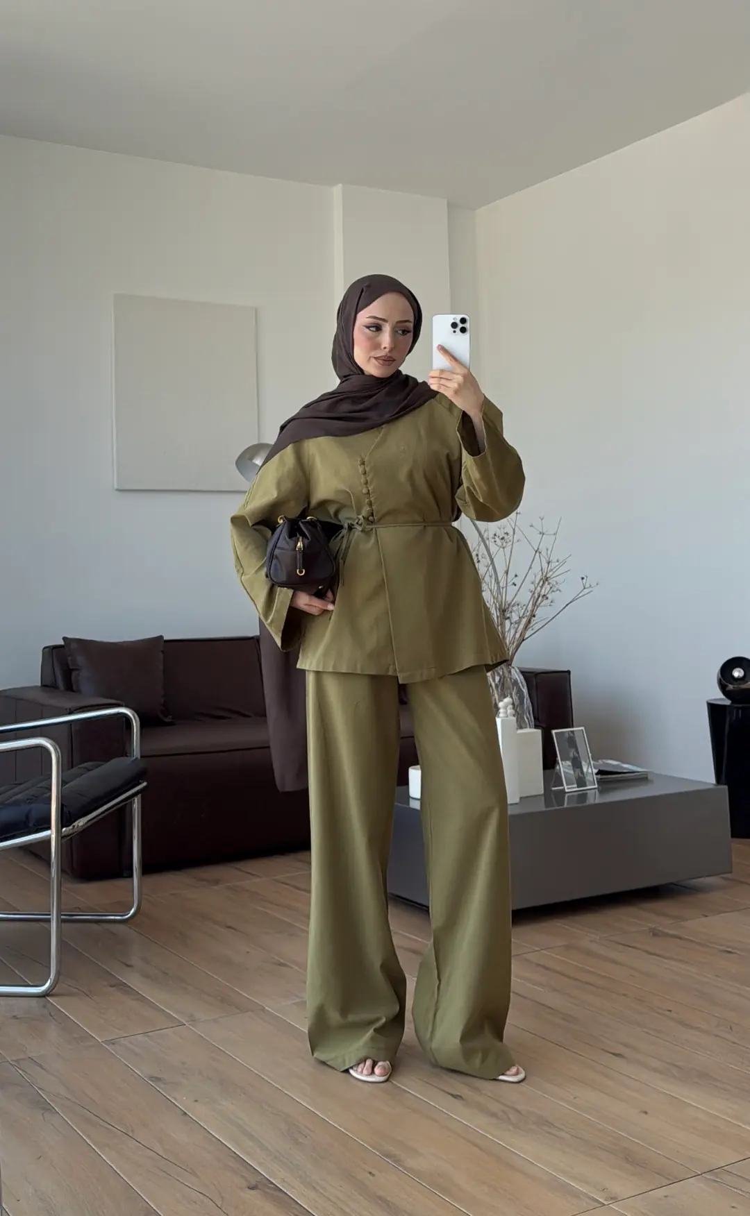 Sık Düğmeli Keten Takım Olive