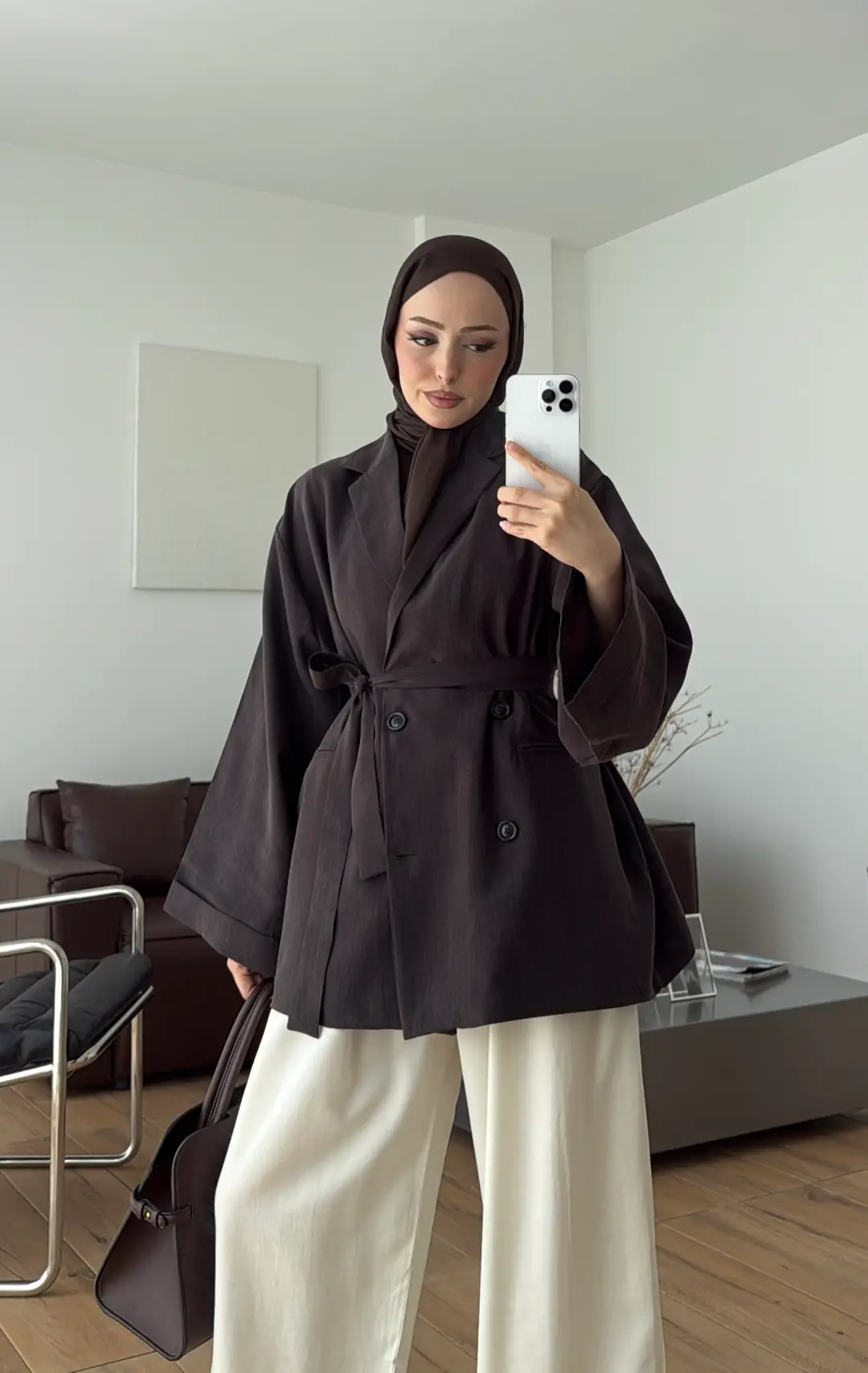 Kemerli Cepli Yazlık Ceket Kahve