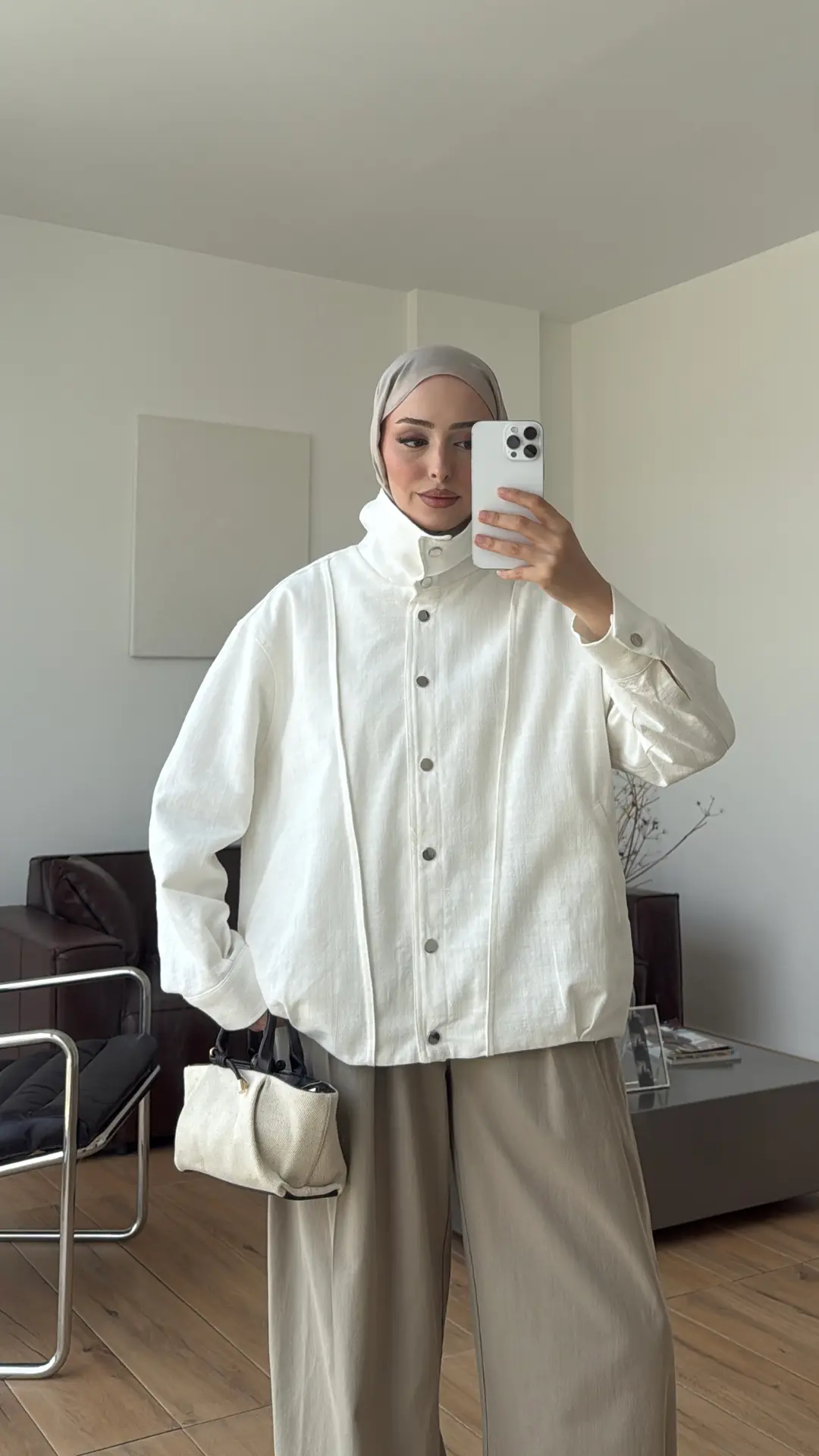 Keten Bomber Ceket Kırık Beyaz