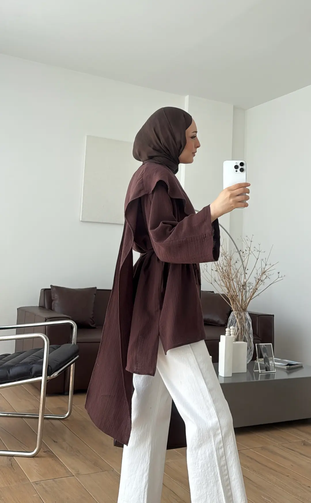 Şal Detaylı Müslin Bluz Kahve