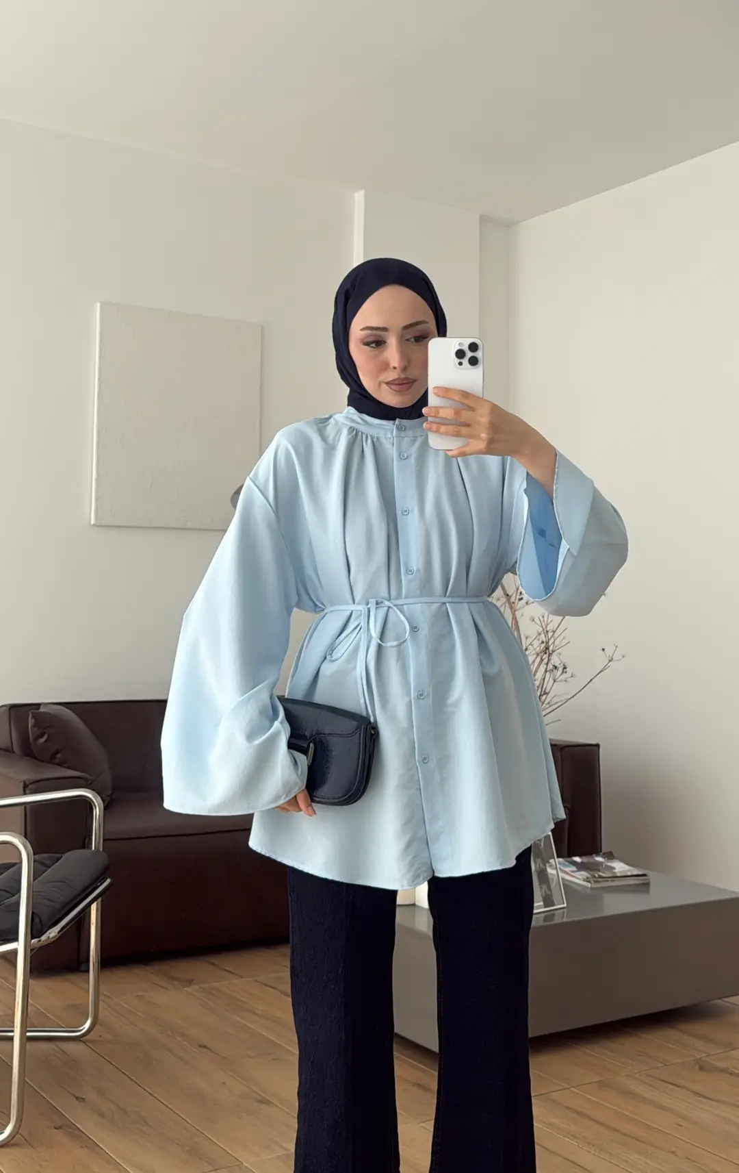 Büzgülü Bel Bağlamalı Gömlek Mavi