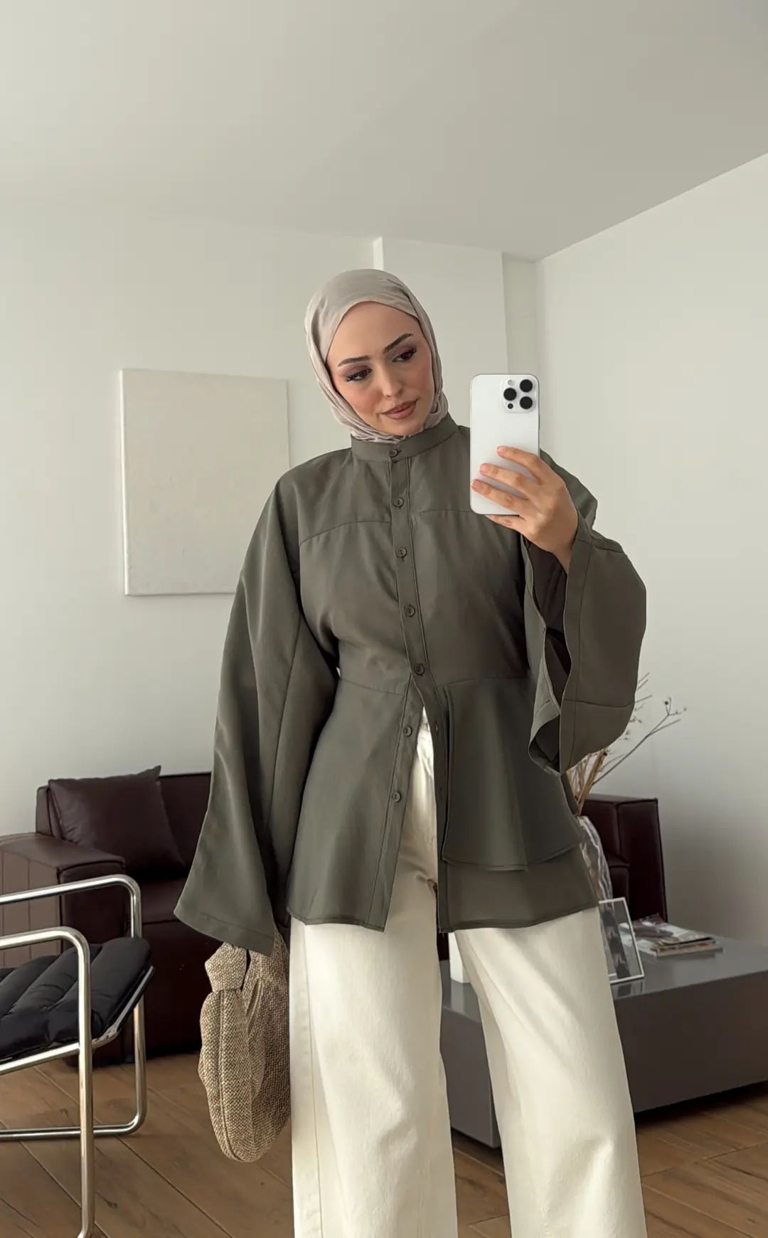 Parçalı Geniş Kol Bluz Haki