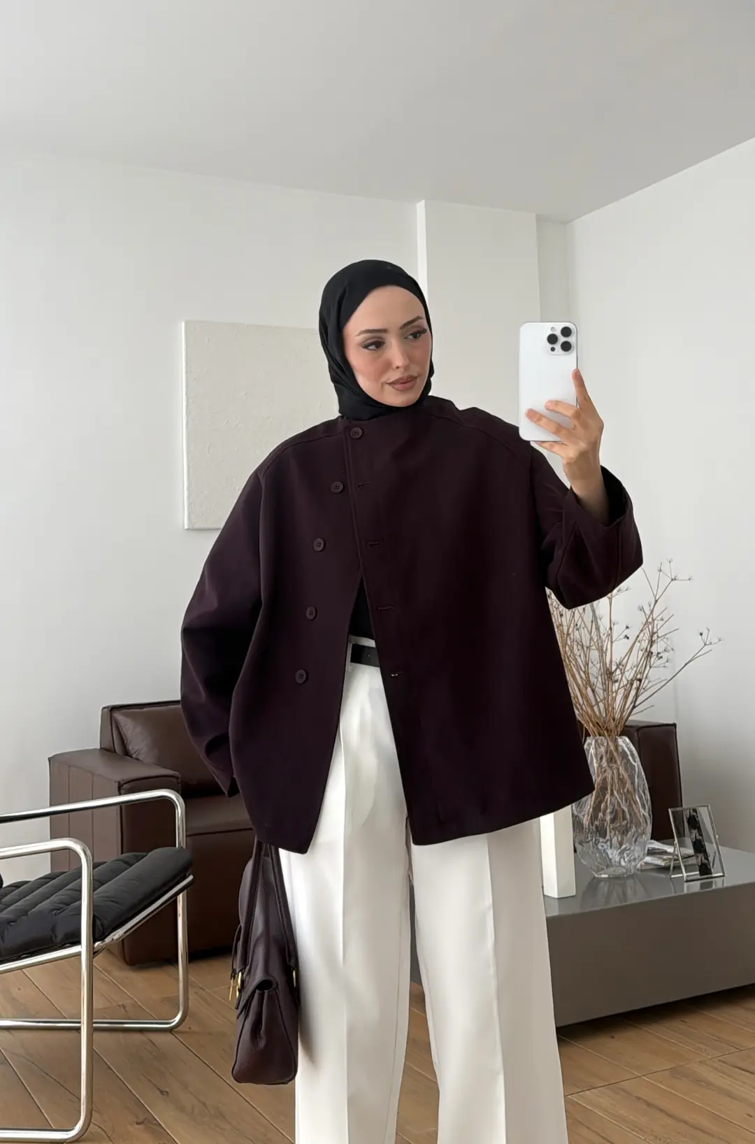 Bağcıklı Dik Yaka Ceket Mürdüm