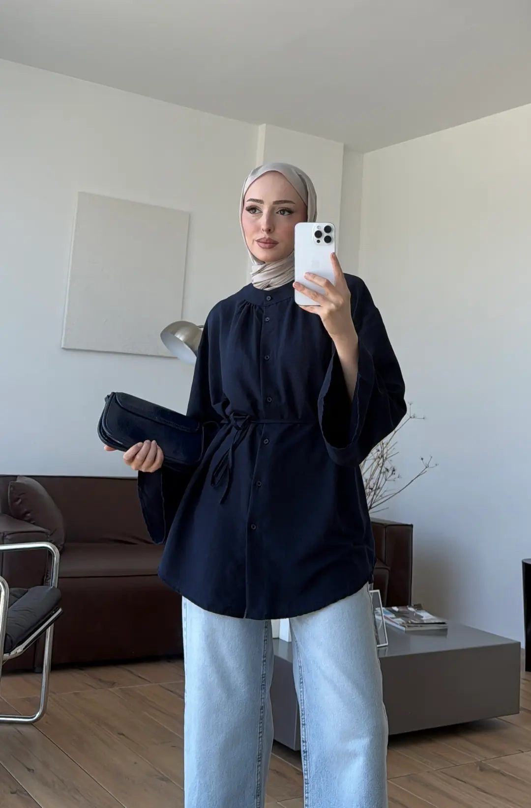 Büzgülü Bel Bağlamalı Gömlek Lacivert